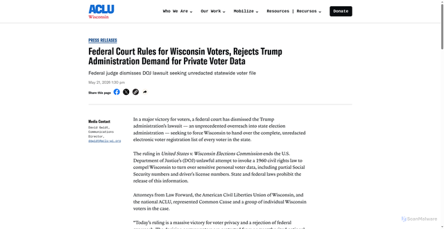 Security scan screenshot of https://www.aclu-wi.org/press-releases/federal-court-rules-for-wisconsin-voters-rejects-trump-administration-demand-for-private-voter-data/