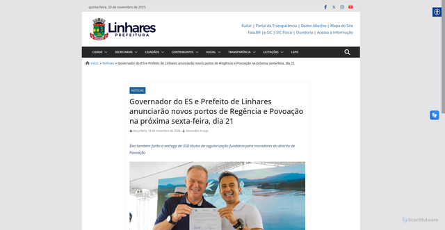 Security scan screenshot of https://linhares.es.gov.br/2025/11/18/governador-do-es-e-prefeito-de-linhares-anunciarao-novos-portos-de-regencia-e-povoacao-na-proxima-sexta-feira-dia-21/