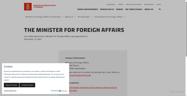Security scan screenshot of https://um.dk/en/about-us/the-ministers/minister-for-foreign-affairs