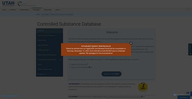 Security scan screenshot of https://commerce.utah.gov/dopl/controlled-substance-database/