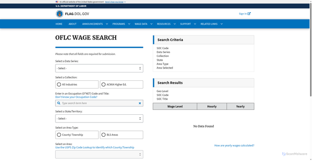 Security scan screenshot of https://flag.dol.gov/wage-data/wage-search