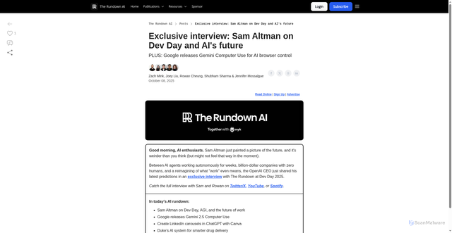 Security scan screenshot of https://www.therundown.ai/p/exclusive-interview-sam-altman-on-dev-day-and-ais-future