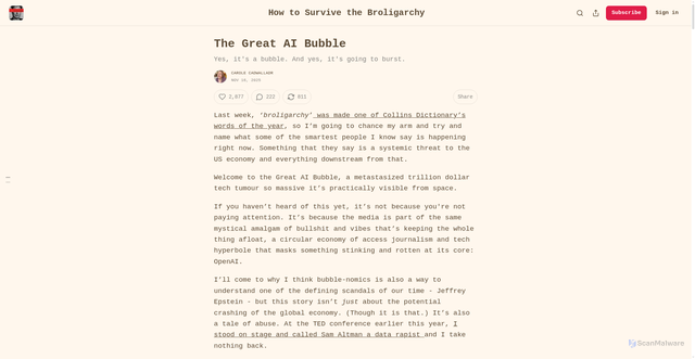Security scan screenshot of https://broligarchy.substack.com/p/the-great-ai-bubble