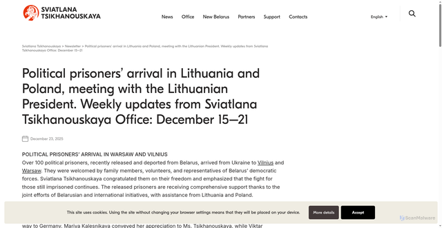Security scan screenshot of https://tsikhanouskaya.org/en/updates-of-work/political-prisoners-arrival-in-lithuania-and-poland-meeting-with-the-lithuanian-president-weekly-updates-from-sviatlana-tsikhanouskaya-office-december-15-21.html