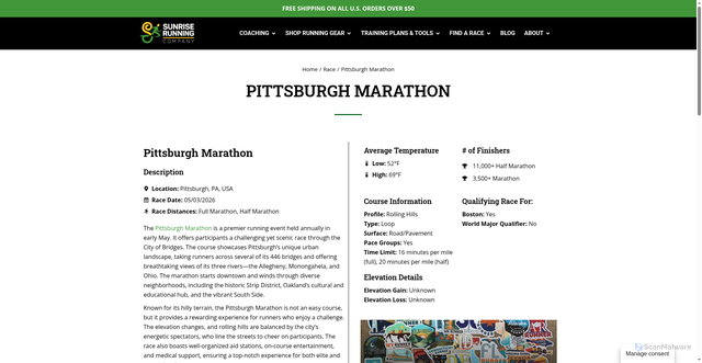 Security scan screenshot of https://sunriserunco.com/race/pittsburgh-marathon/