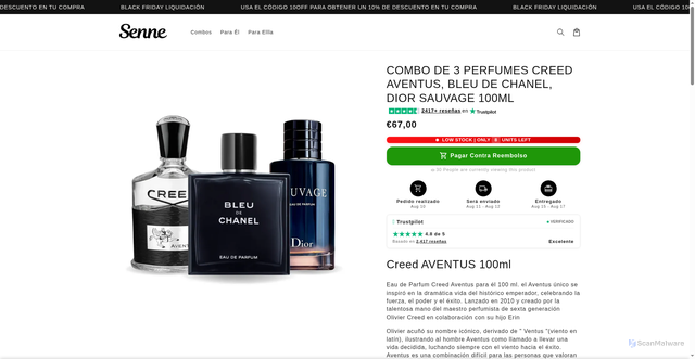 Security scan screenshot of https://seenee.site/products/pachet-promotional-de-3-parfumuri-creed-aventus-bleu-de-chanel-si-dior-sauvage-100ml
