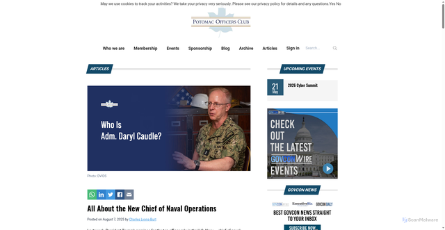 Security scan screenshot of https://www.potomacofficersclub.com/articles/daryl-caudle-cno-navy-career-ai-unmanned-tech/