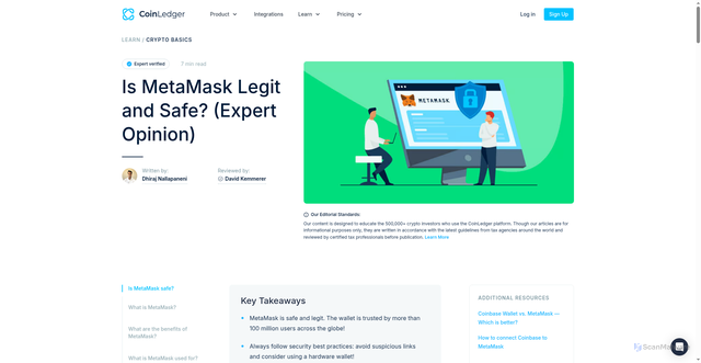 Security scan screenshot of https://coinledger.io/learn/is-metamask-legit-and-safe