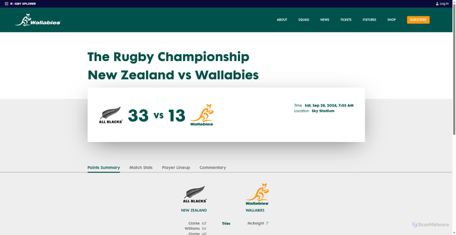 Security scan screenshot of https://wallabies.rugby/match-centre/214/2025/941459