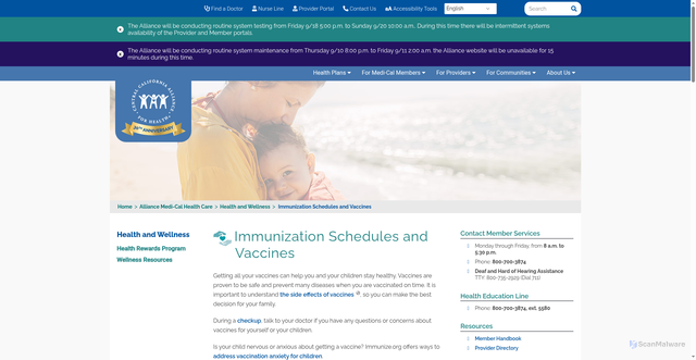 Security scan screenshot of https://thealliance.health/medi-cal-health-care/health-and-wellness/immunizations-schedule/