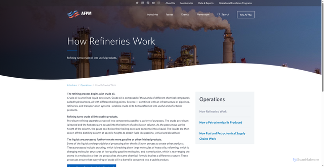 Security scan screenshot of https://afpm.org/industries/operations/how-refineries-work