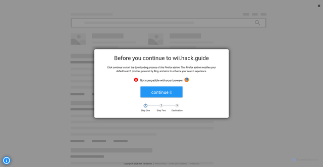 Security scan screenshot of https://ff.newtabsearch.net/offer?cid=10972&clickid=91166443370&cachecode=nsZBWcJuGj9yXtvHEtbVVQ%3D%3D&dkw=wii.hack.guide&pid=381128&rhi=448e750c-547b-47d8-a3f7-e09a8f07bf8c
