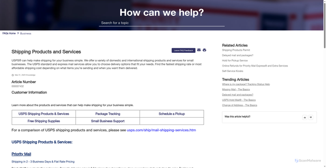 Security scan screenshot of https://faq.usps.com/s/article/Shipping-Products-and-Services