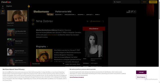 Security scan screenshot of https://malachai.fandom.com/wiki/Nina_Dobrev