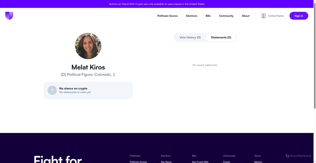 Security scan screenshot of https://www.standwithcrypto.org/politicians/person/melat---kiros