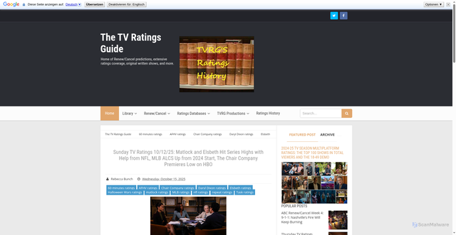 Security scan screenshot of http://www.thetvratingsguide.com/2025/10/sunday-tv-ratings-101225-matlock-and.html