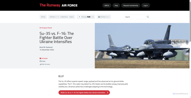 Security scan screenshot of https://runway.airforce.gov.au/su-35-vs-f-16-the-fighter-battle-over-ukraine-intensifies