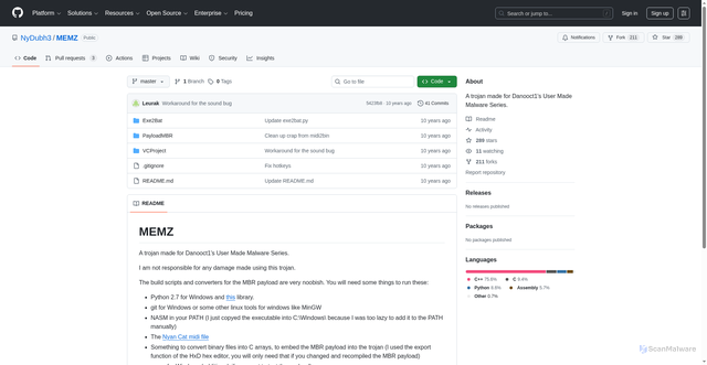 Security scan screenshot of https://github.com/NyDubh3/MEMZ