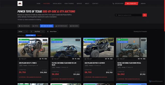 Security scan screenshot of https://powertoysoftexas.net/auctions?category=Side-by-Sides