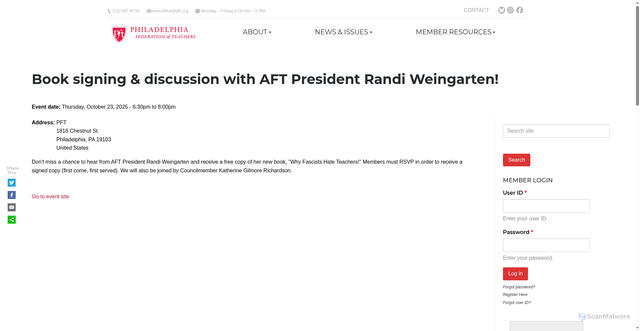 Security scan screenshot of https://www.pft.org/events/book-signing-discussion-aft-president-randi-weingarten