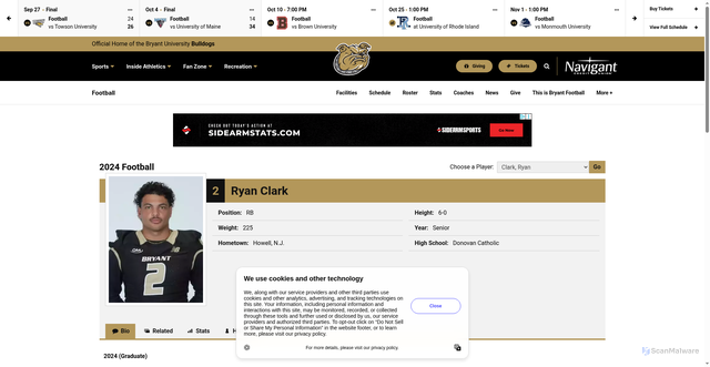 Security scan screenshot of https://bryantbulldogs.com/sports/football/roster/ryan-clark/12751