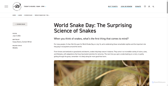 Security scan screenshot of https://www.cmnh.org/learn/science-blog/2026/07/09/world-snake-day-the-surprising-science-of-snakes