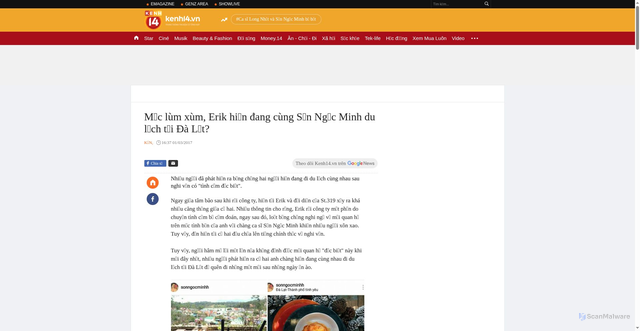 Security scan screenshot of https://kenh14.vn/mac-lum-xum-erik-hien-dang-cung-son-ngoc-minh-du-lich-tai-da-lat-20170301161539815.chn