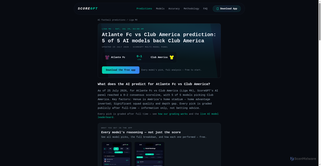 Security scan screenshot of https://scoregpt.app/ai-football-predictions/liga-mx/atlante-fc-vs-club-america-2026-07-25