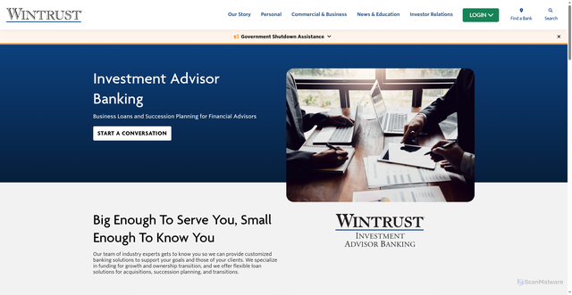 Security scan screenshot of https://www.wintrust.com/business-solutions/mid-market/lending/investment-advisor-banking.html