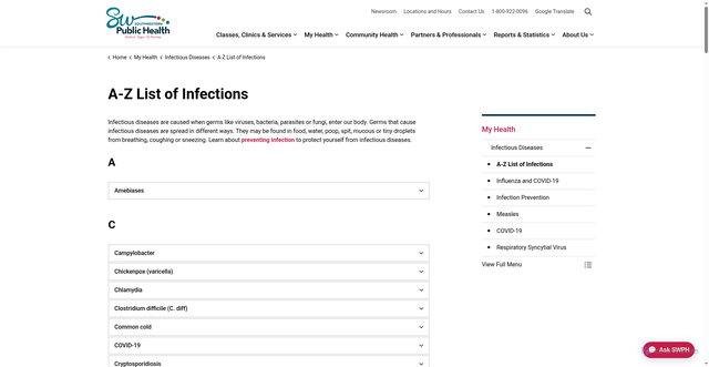 Security scan screenshot of https://www.swpublichealth.ca/my-health/infectious-diseases/a-z-list-of-infections/