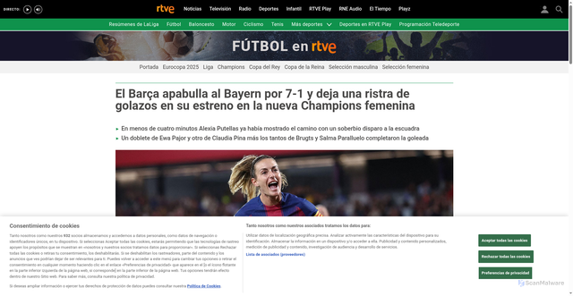 Security scan screenshot of https://www.rtve.es/deportes/20251008/barca-apabulla-bayern-por-7-1-deja-ristra-golazos-su-estreno-nueva-champions-femenina/16761281.shtml