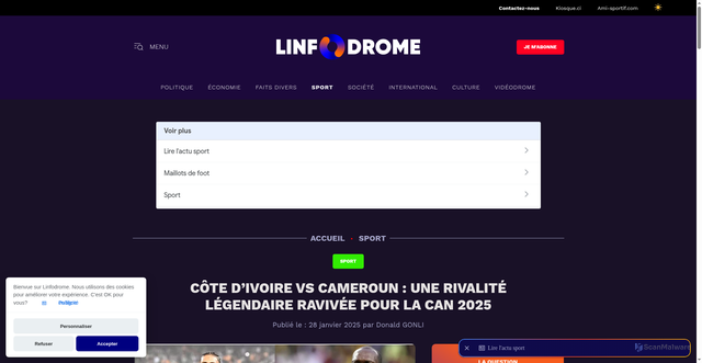 Security scan screenshot of https://www.linfodrome.com/sport/105651-cote-d-ivoire-vs-cameroun-une-rivalite-legendaire-ravivee-pour-la-can-2025
