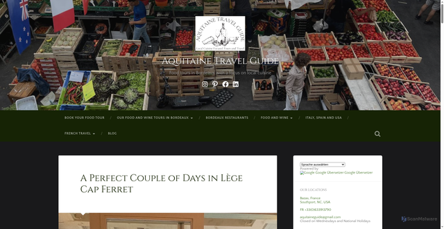 Security scan screenshot of https://aquitainetravelguide.com/a-perfect-couple-of-days-in-lege-cap-ferret/