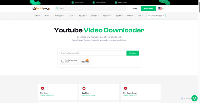 Security scan screenshot of https://www.socialplug.io/free-tools/youtube-video-downloader