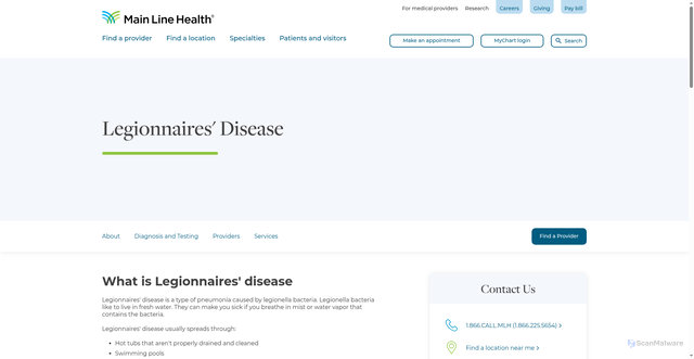 Security scan screenshot of https://www.mainlinehealth.org/conditions-and-treatments/conditions/legionnaires-disease