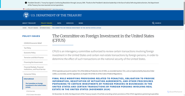 Security scan screenshot of https://home.treasury.gov/policy-issues/international/the-committee-on-foreign-investment-in-the-united-states-cfius