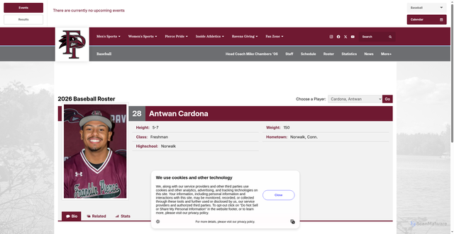Security scan screenshot of https://fpuravens.com/sports/baseball/roster/antwan-cardona/9202