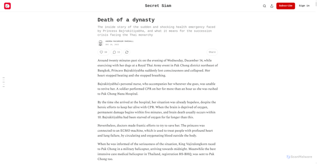 Security scan screenshot of https://secretsiam.news/p/death-of-a-dynasty