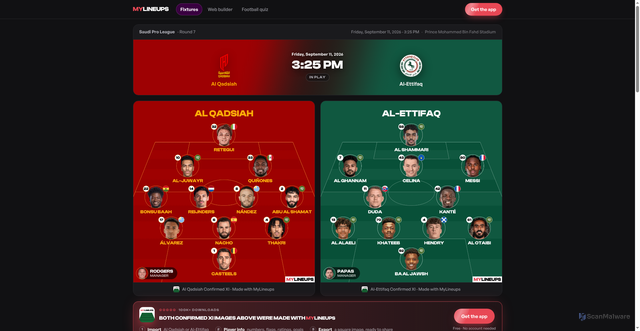 Security scan screenshot of https://mylineups.app/matches/saudi-pro-league/al-qadsiah-vs-al-ettifaq-2026-09-11/