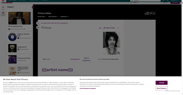 Security scan screenshot of https://prince.fandom.com/wiki/Prince