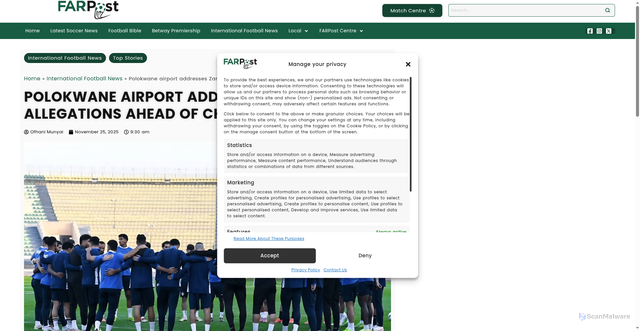 Security scan screenshot of https://farpost.co.za/2025/11/25/airport-addresses-zamalek-allegations-ahead-of-chiefs-tie/