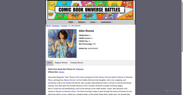 Security scan screenshot of https://cbub.comicbookuniversebattles.com/cbub/cbubcats/character/6741/Alex%20Russo