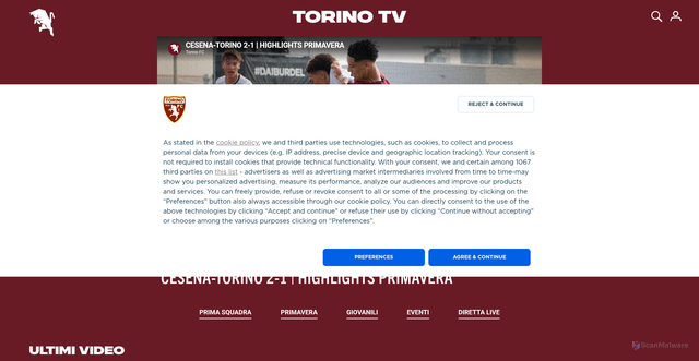 Security scan screenshot of https://tv.torinofc.it/