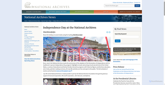 Security scan screenshot of https://www.archives.gov/news/topics/july4