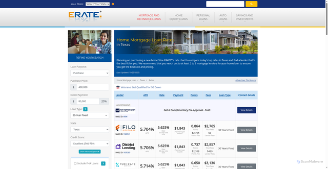 Security scan screenshot of https://www.erate.com/home-mortgage-loans/texas/rates