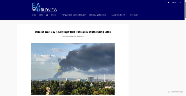 Security scan screenshot of https://eaworldview.com/2026/09/ukraine-war-russia-kyiv-hits-manufacturing-sites/