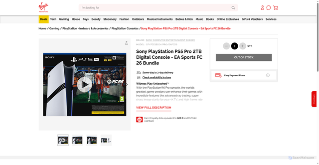 Security scan screenshot of https://www.virginmegastore.ae/en/gaming/playstation-hardware-accessories/playstation-consoles/sony-playstation-ps5-pro-2tb-digital-console---ea-sports-fc-26-bundle/p/1115210