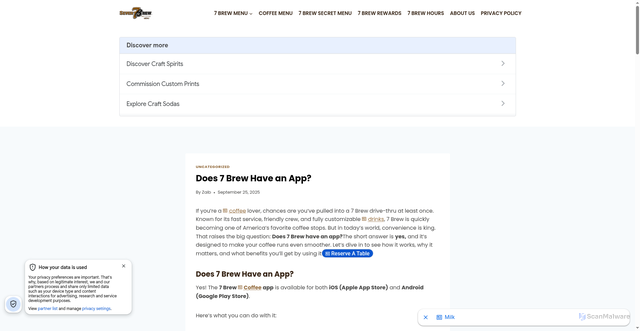Security scan screenshot of https://7brewcoffemenus.com/does-7-brew-have-an-app/