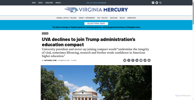 Security scan screenshot of https://virginiamercury.com/2025/10/20/uva-declines-to-join-trump-administrations-education-compact/