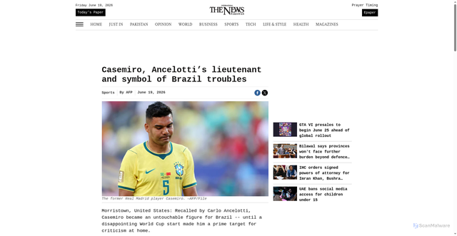 Security scan screenshot of https://www.thenews.pk/print/1421320-casemiro-ancelotti-s-lieutenant-and-symbol-of-brazil-troubles